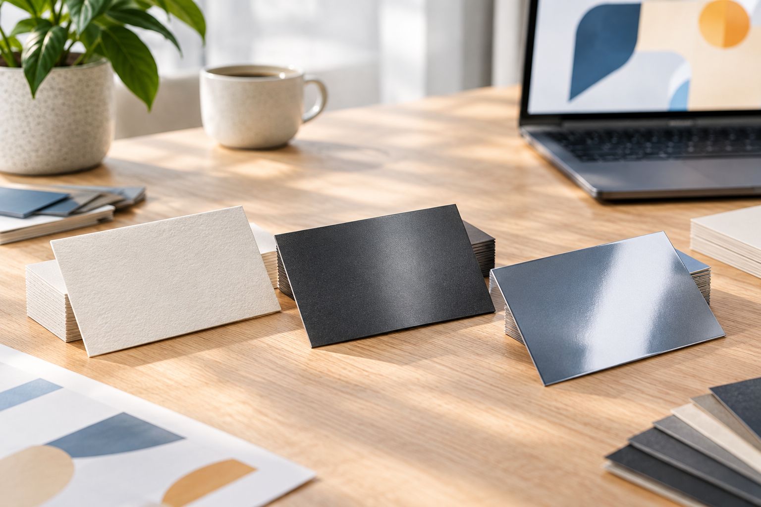 Blank card samples showing paper-like, low-glare, and reflective surfaces