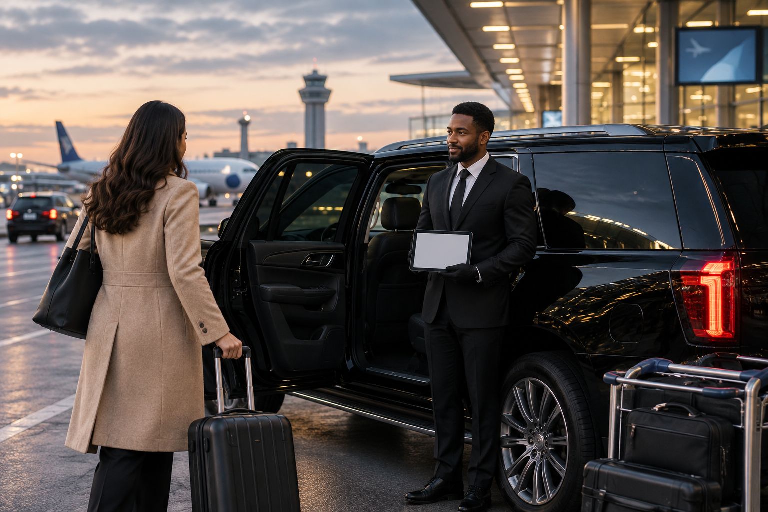 Black chauffeured SUV curbside at an airport terminal with driver waiting