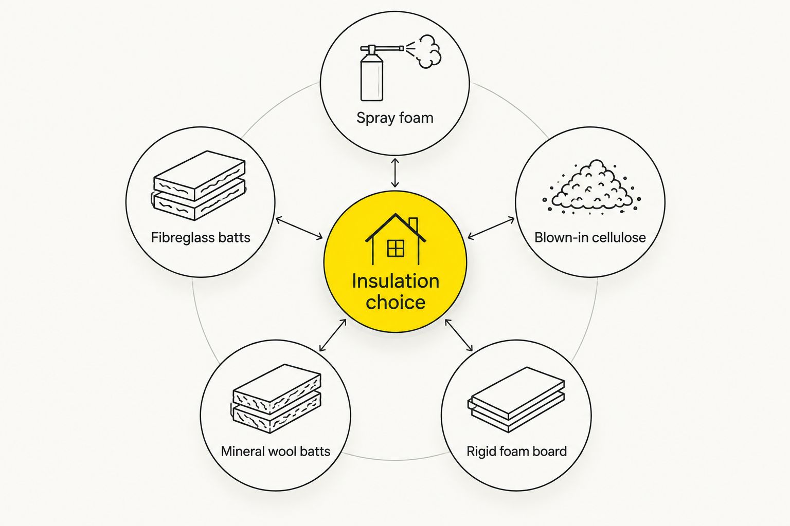 Insulation choice diagram comparing spray foam with batts, cellulose and rigid foam board