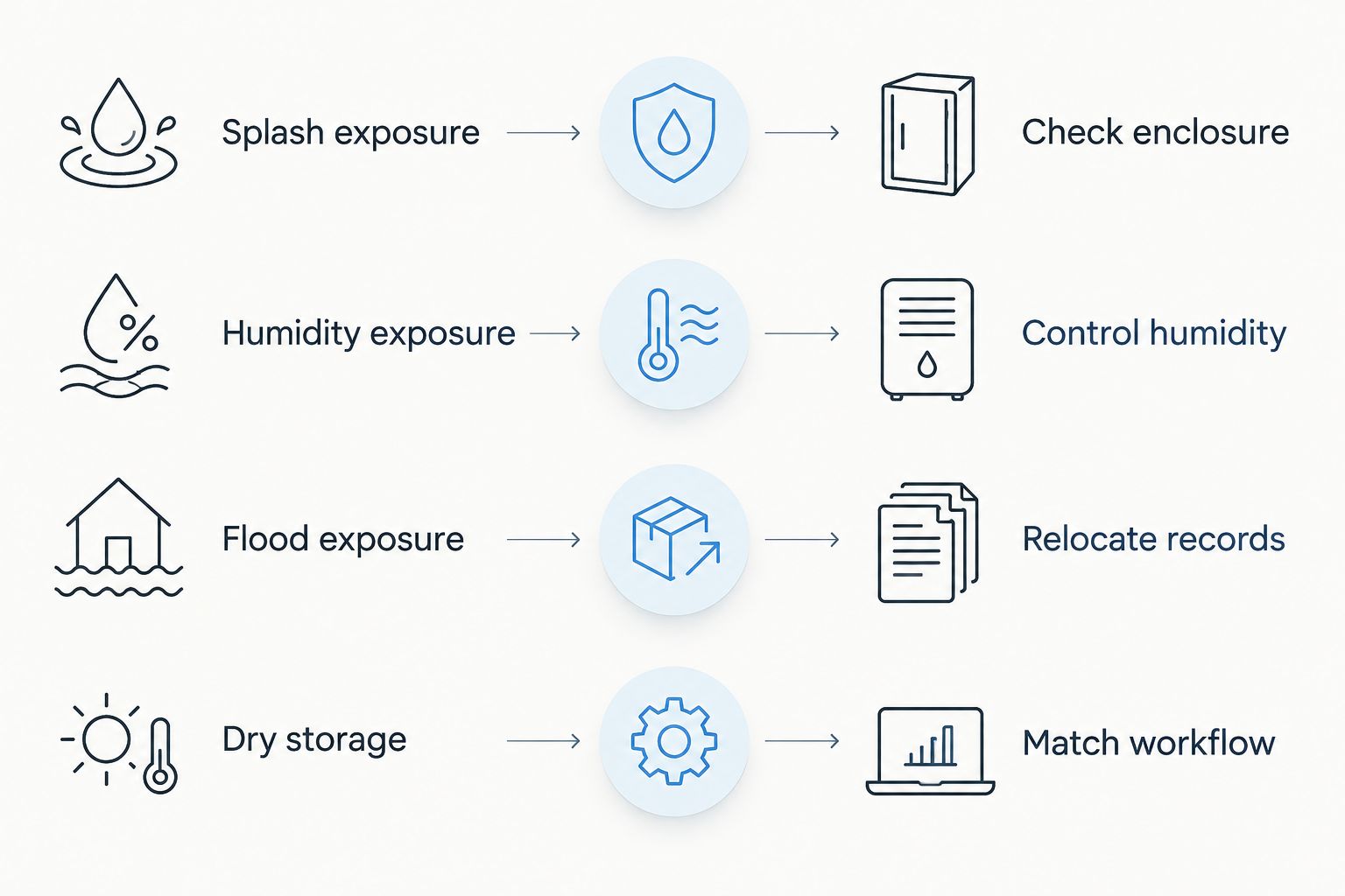 Storage risks paired with enclosure checks, humidity control, relocation, and workflow selection
