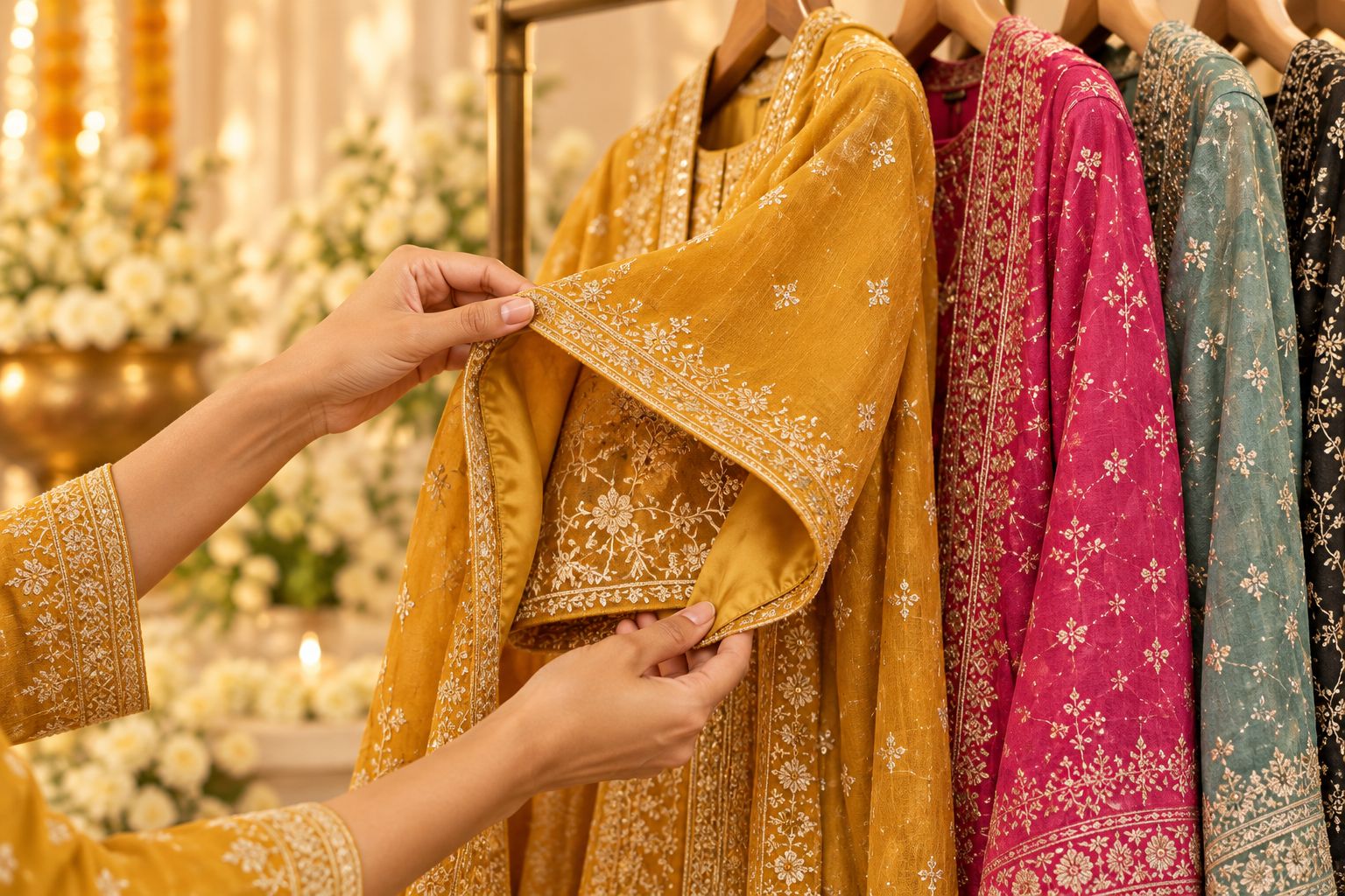 Inspecting the lining and inside finish of a South Asian suit sleeve