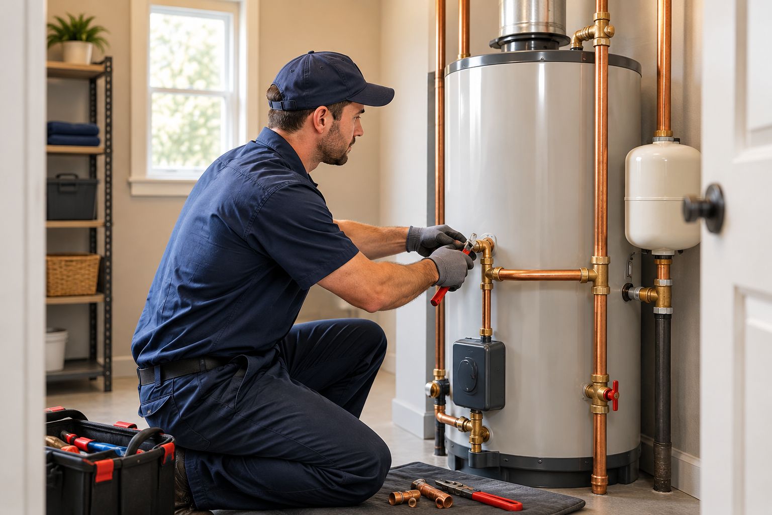 Plumber installing a new tank water heater in a home utility closet