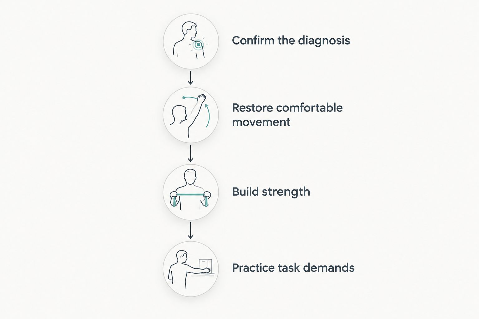 Four stages from confirming the diagnosis to practicing work or sports demands