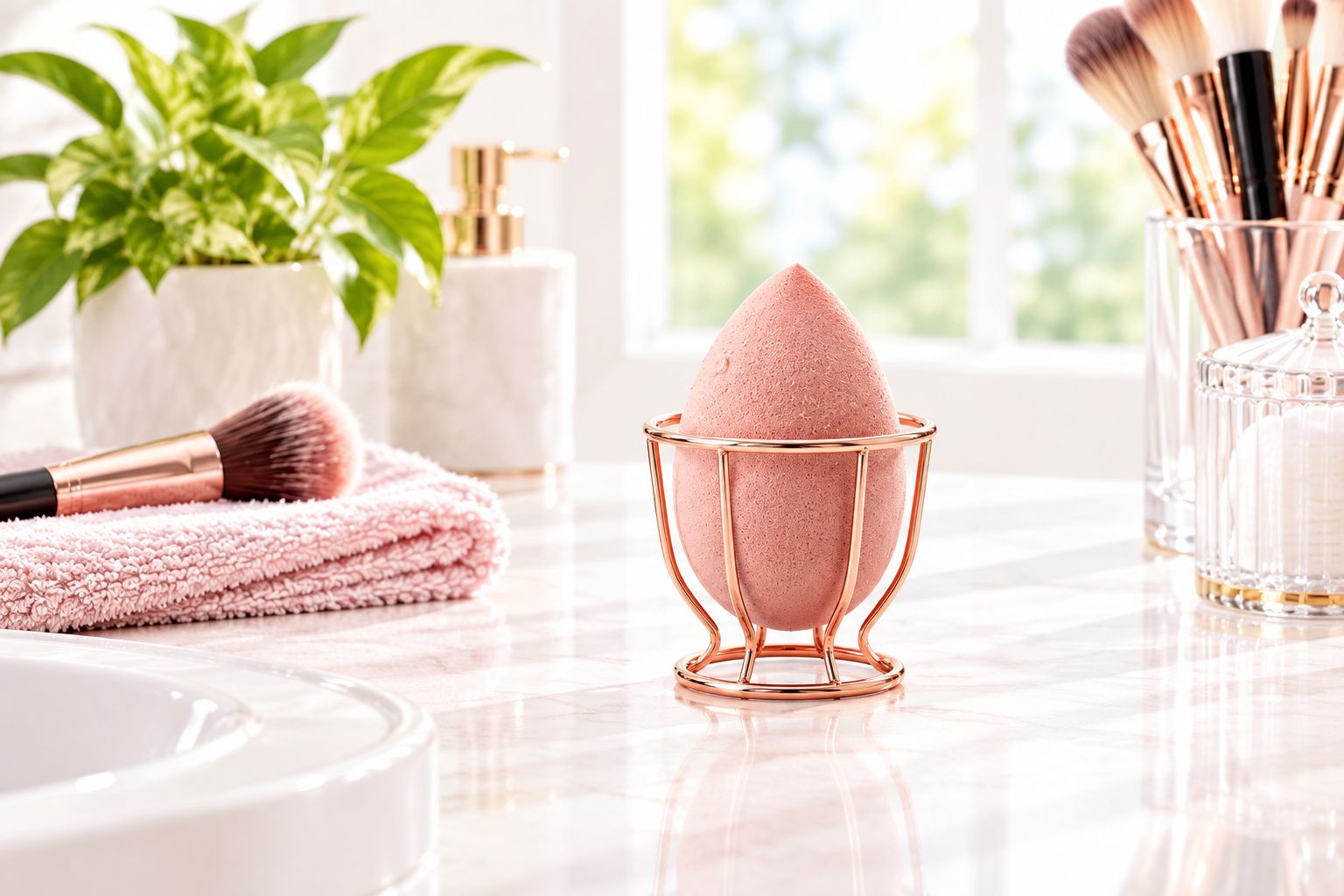 Makeup sponge on an open stand with clear space around it, away from the sink