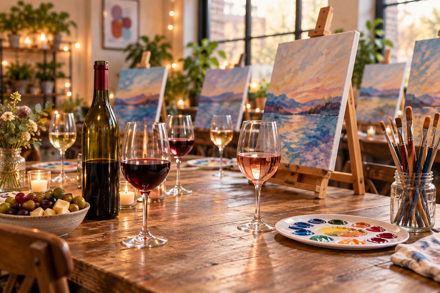 Wine glasses and paint palettes set up for a paint and sip night