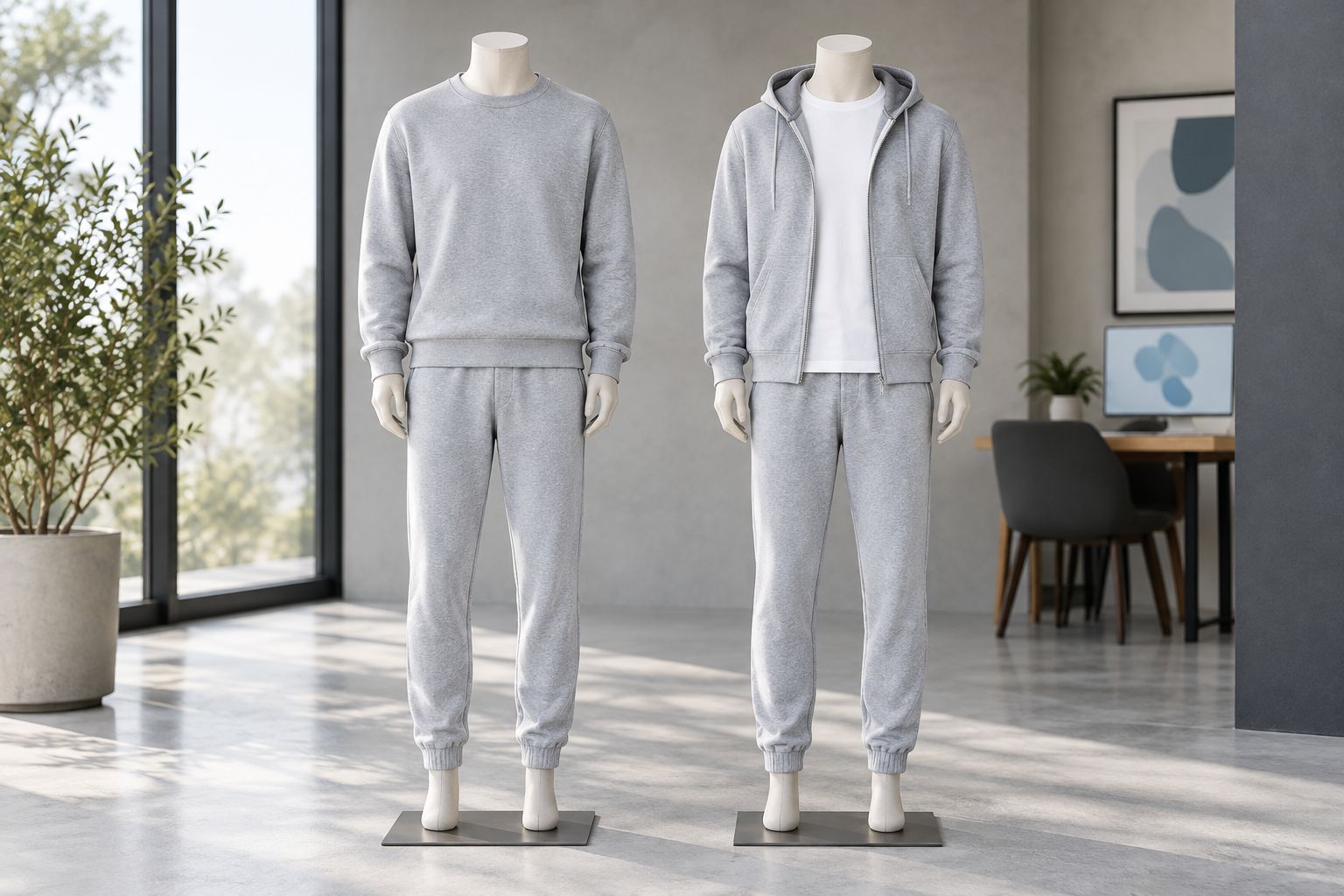 Grey crewneck set beside a grey zip-front set worn over a plain T-shirt
