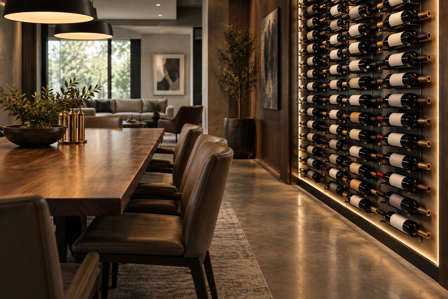 Dining-room wine rack beside a table, with pulled-out chairs and a clear walking route