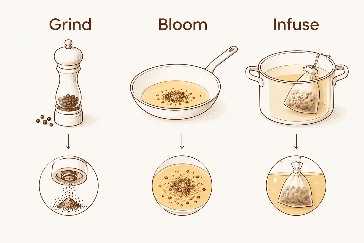 Three pepper preparation methods: grinding, blooming in fat, and infusing a strained liquid.