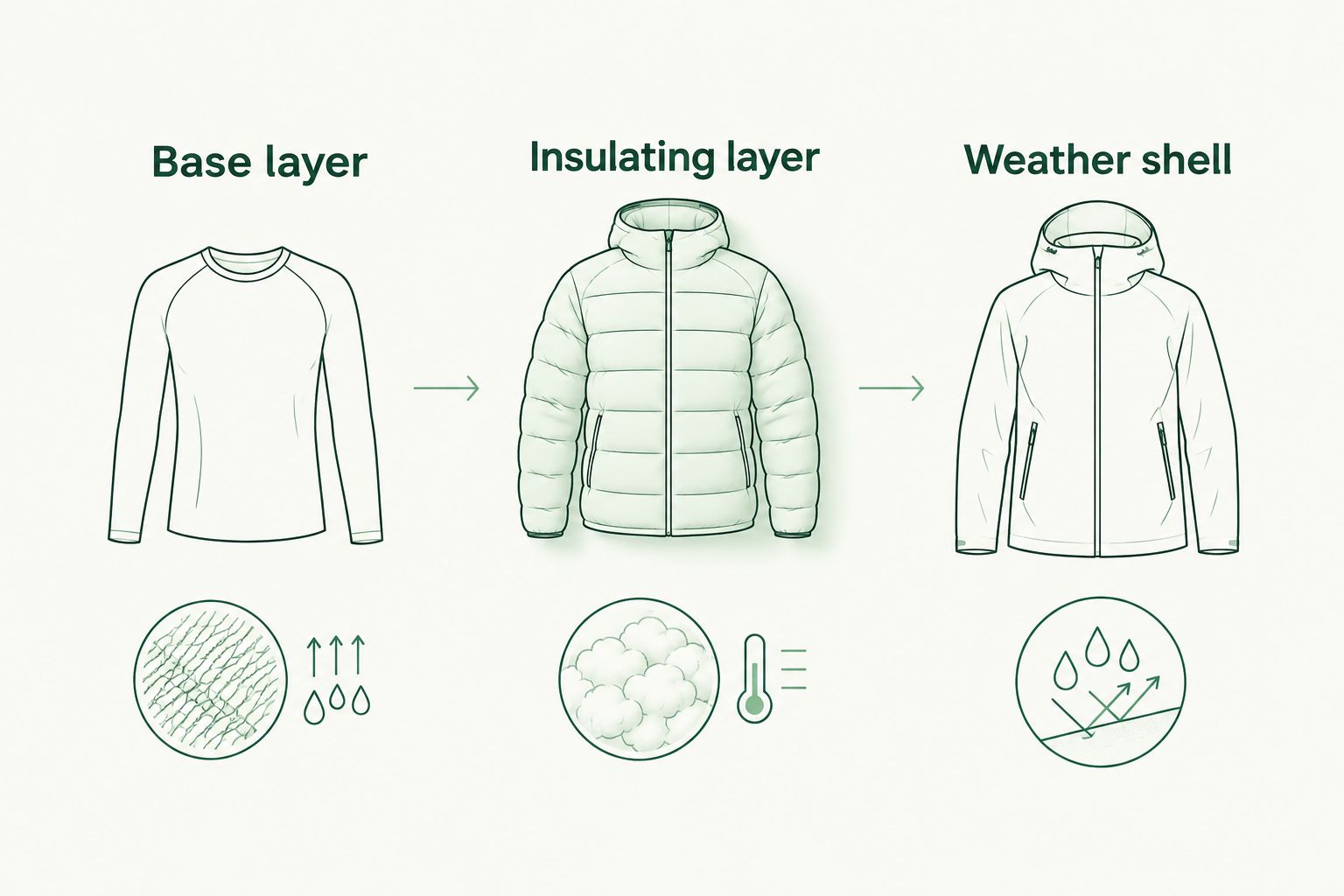 Three clothing roles: base layer, insulating layer and weather shell