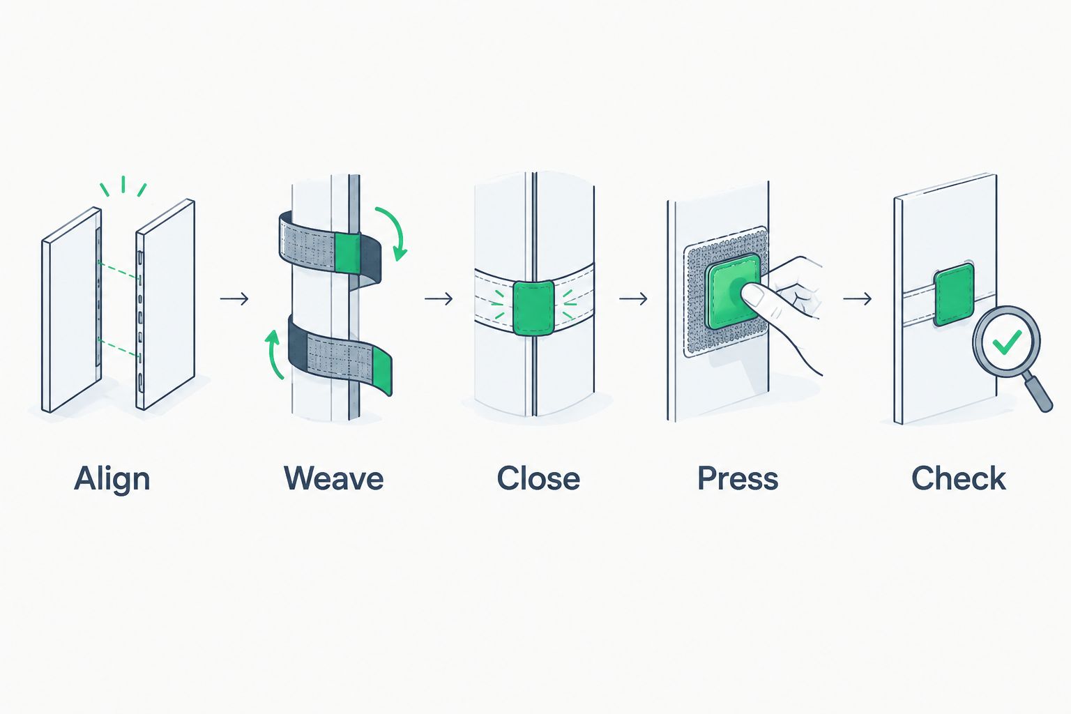 Mounting sequence showing alignment, weaving, closure, patch attachment, and inspection