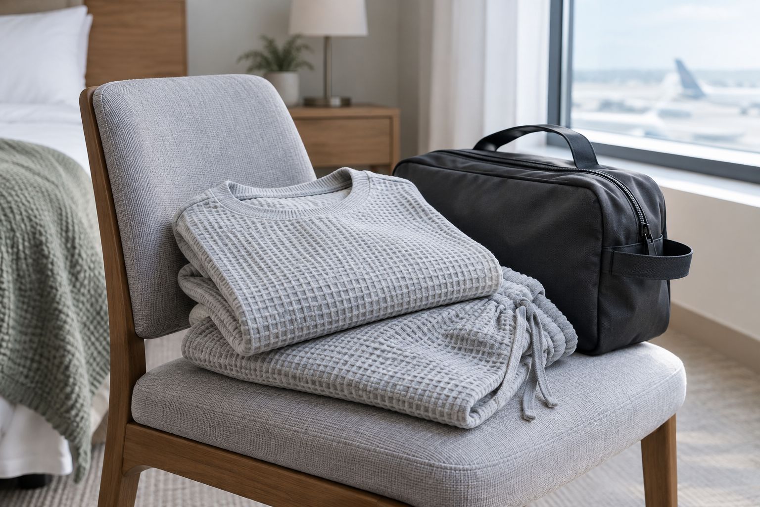 Cotton waffle lounge separates beside a travel bag in a guest room
