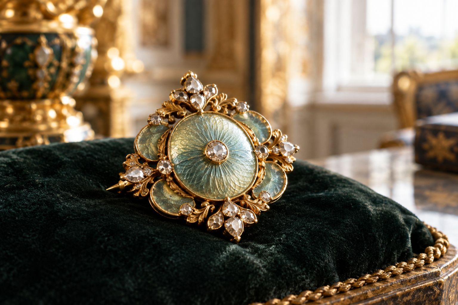 Macro view of guilloché enamel pattern on an antique gold brooch
