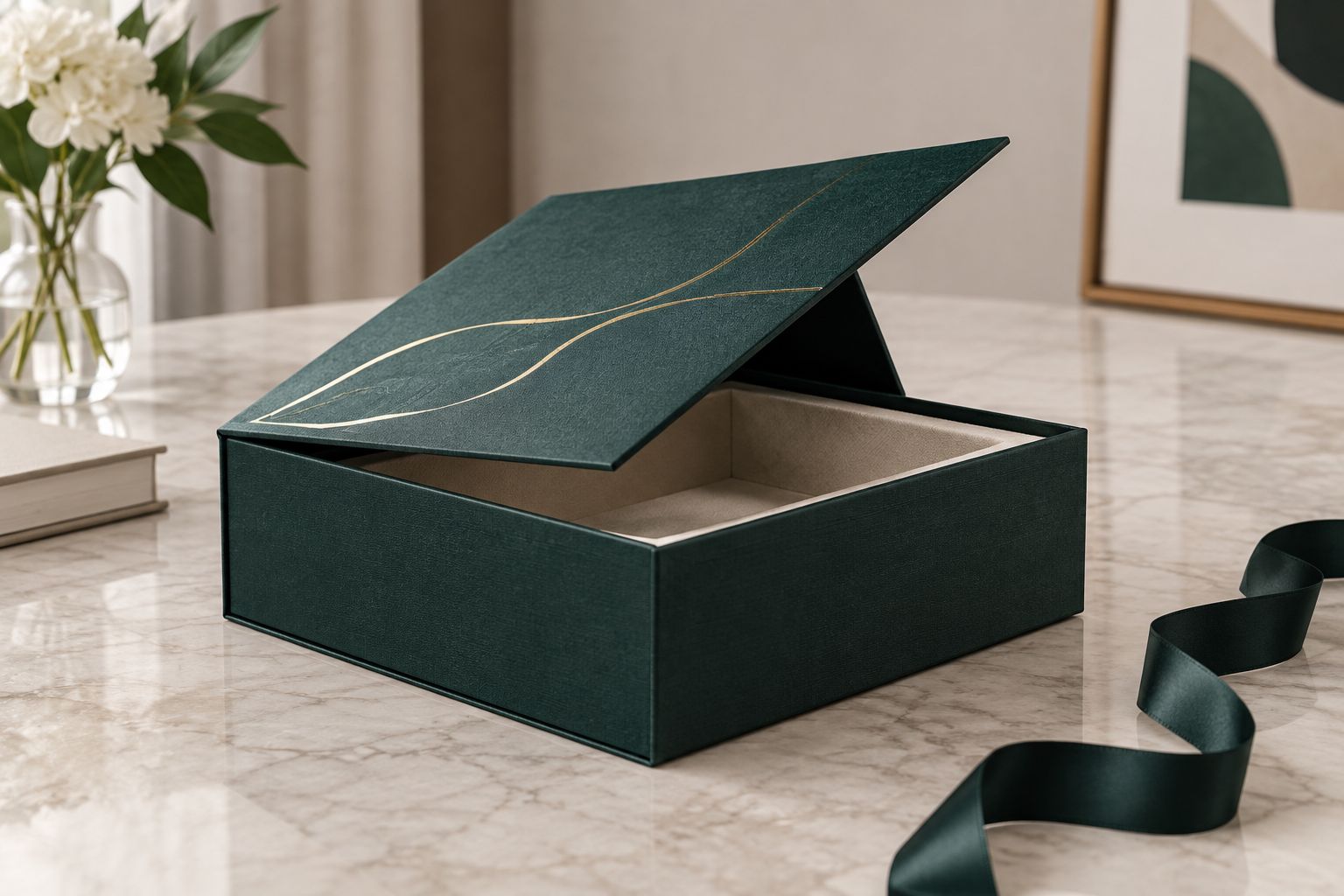 Open rigid luxury box with magnetic closure and foil-stamped lid