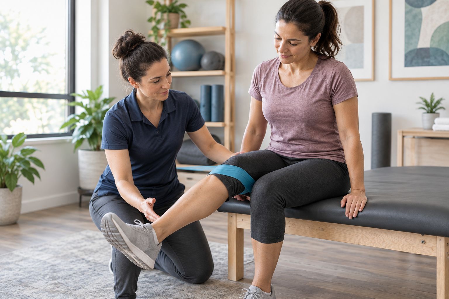 Patient performing guided knee strengthening exercise in physical therapy