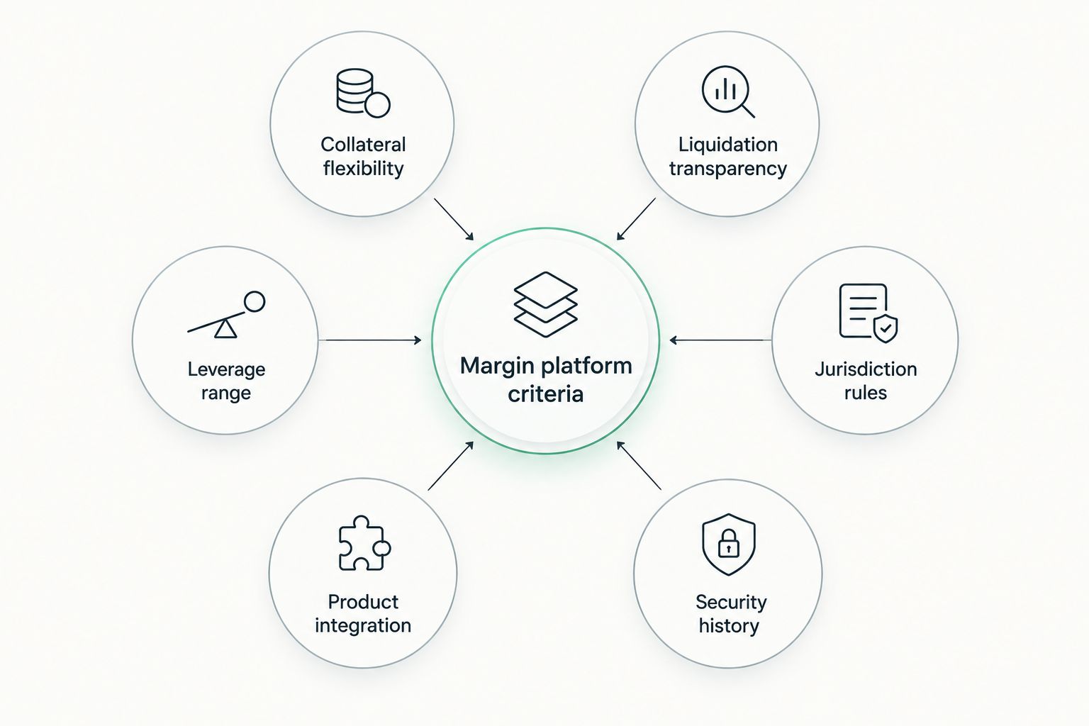 Diagram of six criteria used to rank margin crypto trading platforms