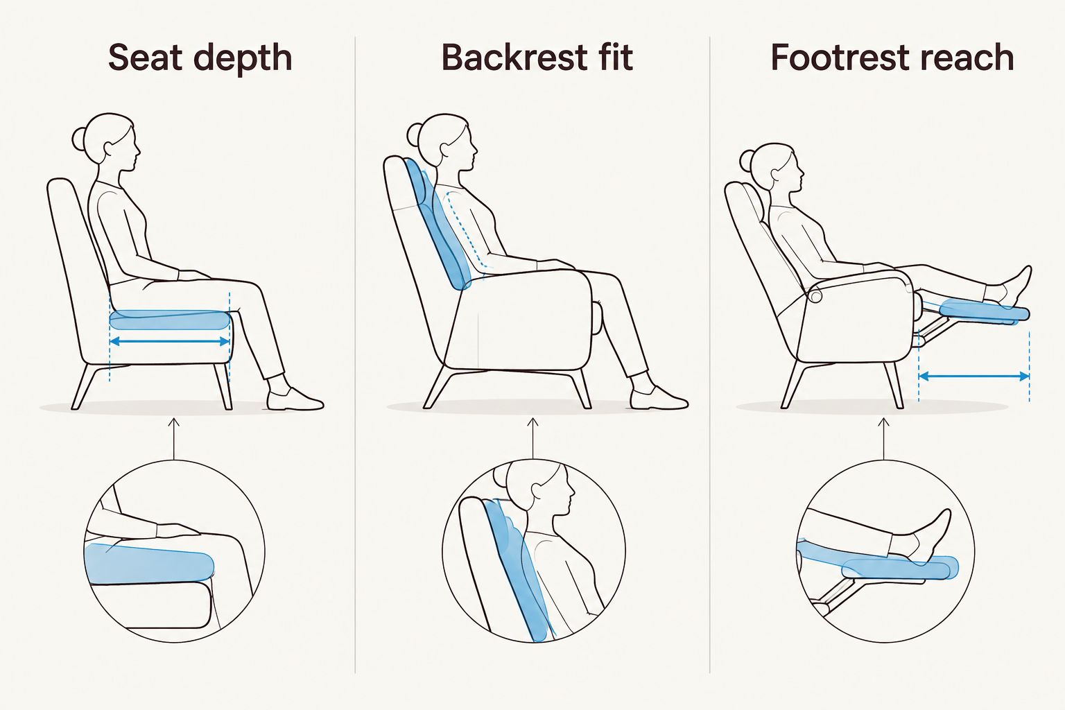 Three recliner fit checks showing seat depth, backrest fit, and footrest reach