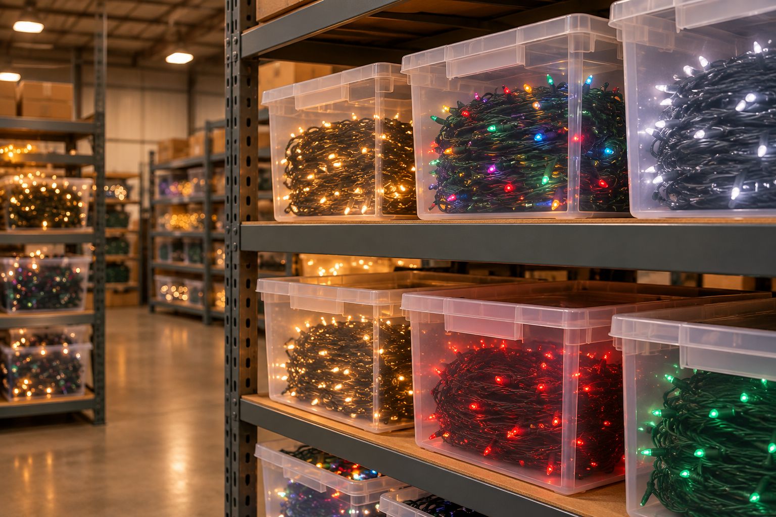 Storage bins holding coiled Christmas string lights on a warehouse shelf