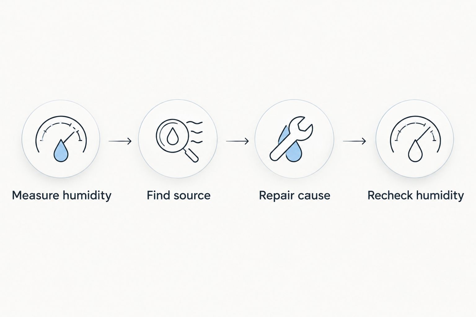 Four-step sequence from measuring humidity to checking conditions after a repair