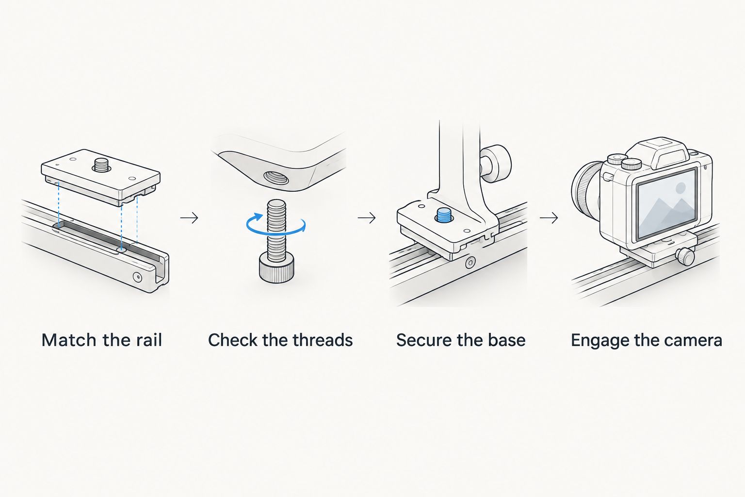 Four mounting stages from matching the camera rail to securing the camera on the tripod