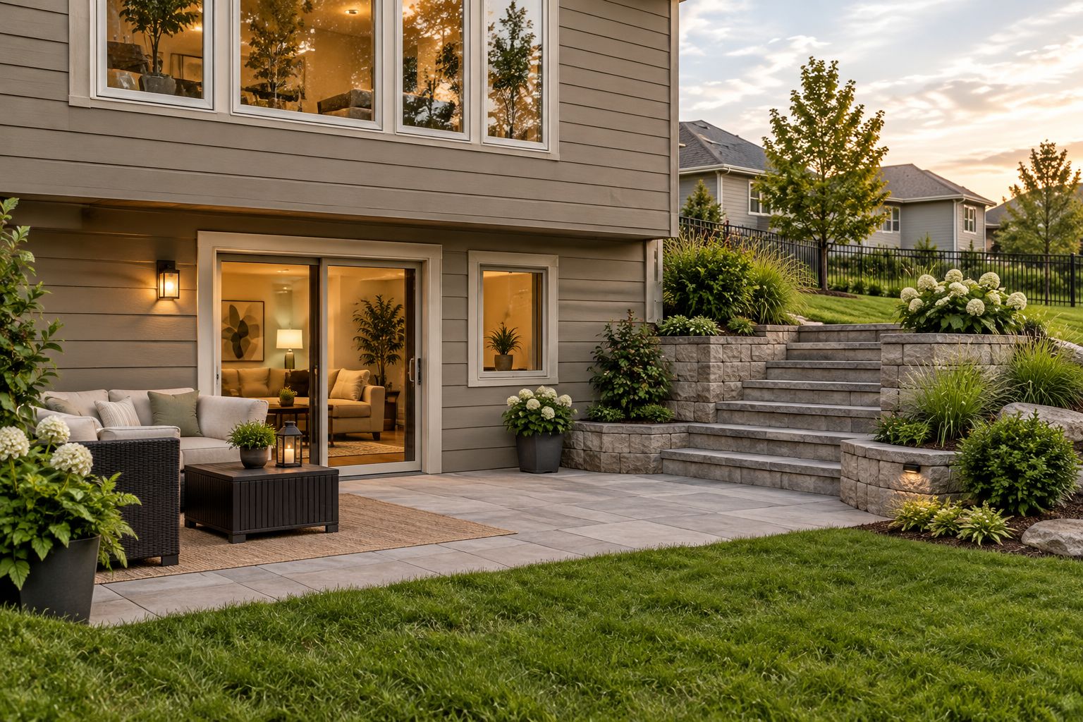 Walkout basement door and patio at ground level on a sloped lot