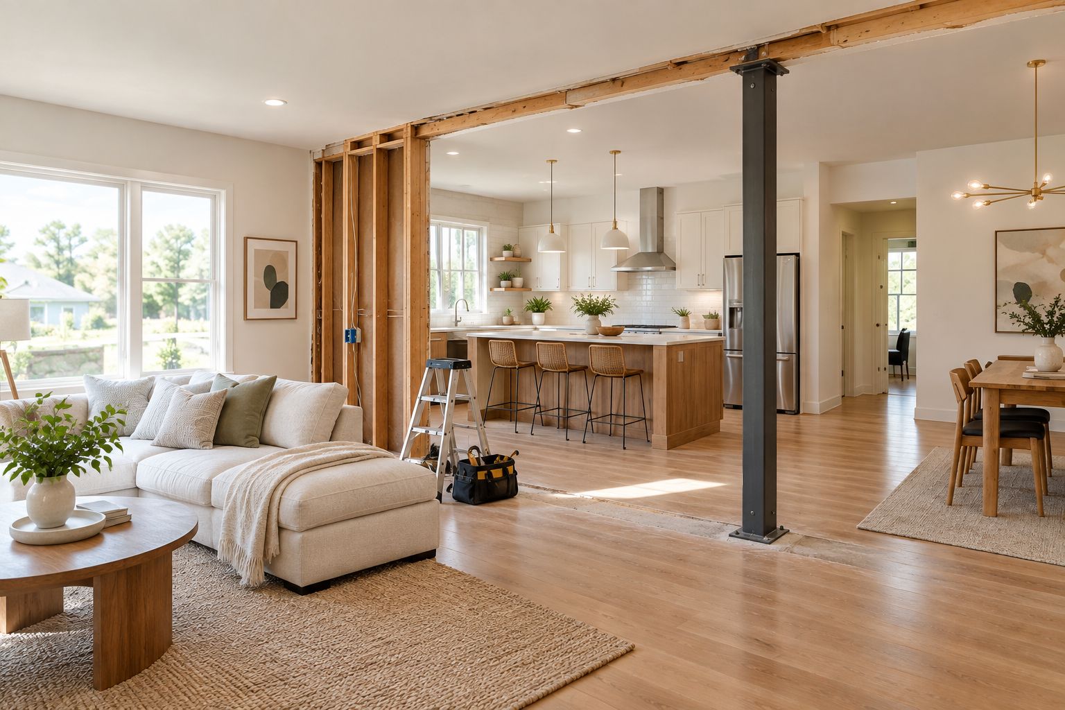 Ranch home interior wall opened up to reveal framing during an open floor plan renovation