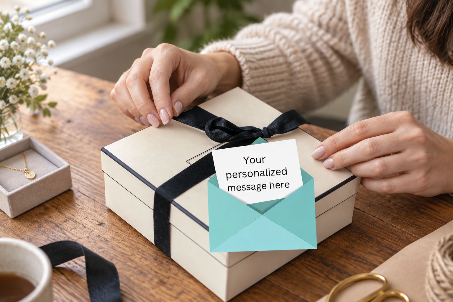 Gift wrap with a personalized message being used to wrap a small jewelry box