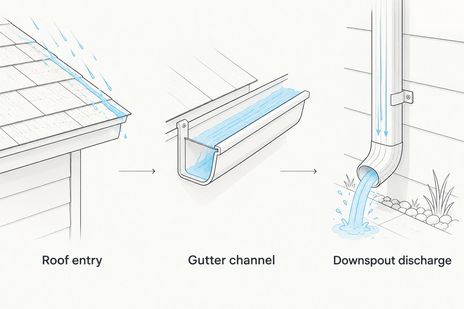 Water path from roof entry through the gutter channel to downspout discharge