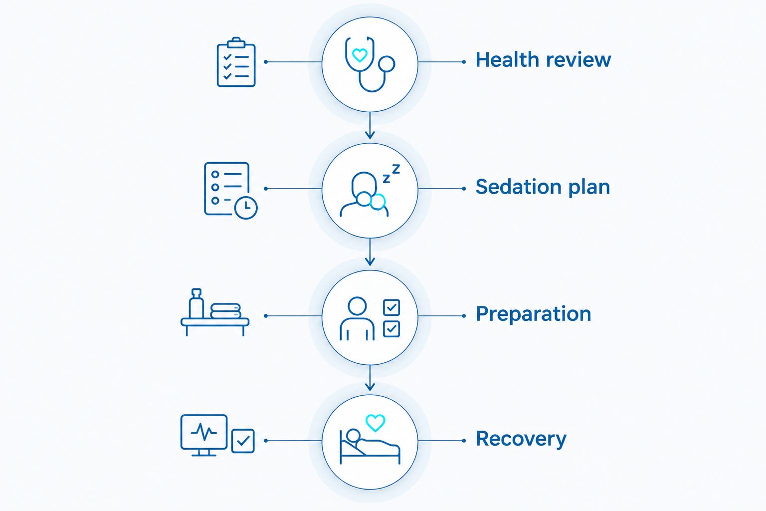 Four appointment planning phases: health review, sedation plan, preparation, and recovery.