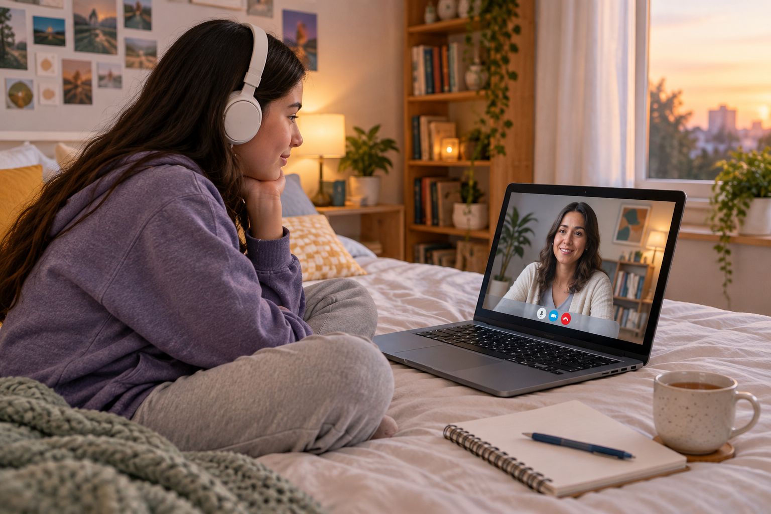 Teenager attending an online therapy session from their bedroom