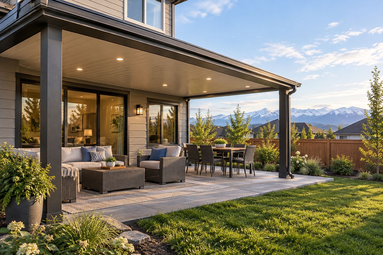 Fixed patio cover beside an Alberta home, with support posts and a visible gutter and downspout.