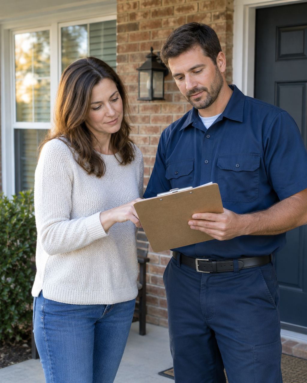 Person reviewing project paperwork with a home-service professional at a front porch