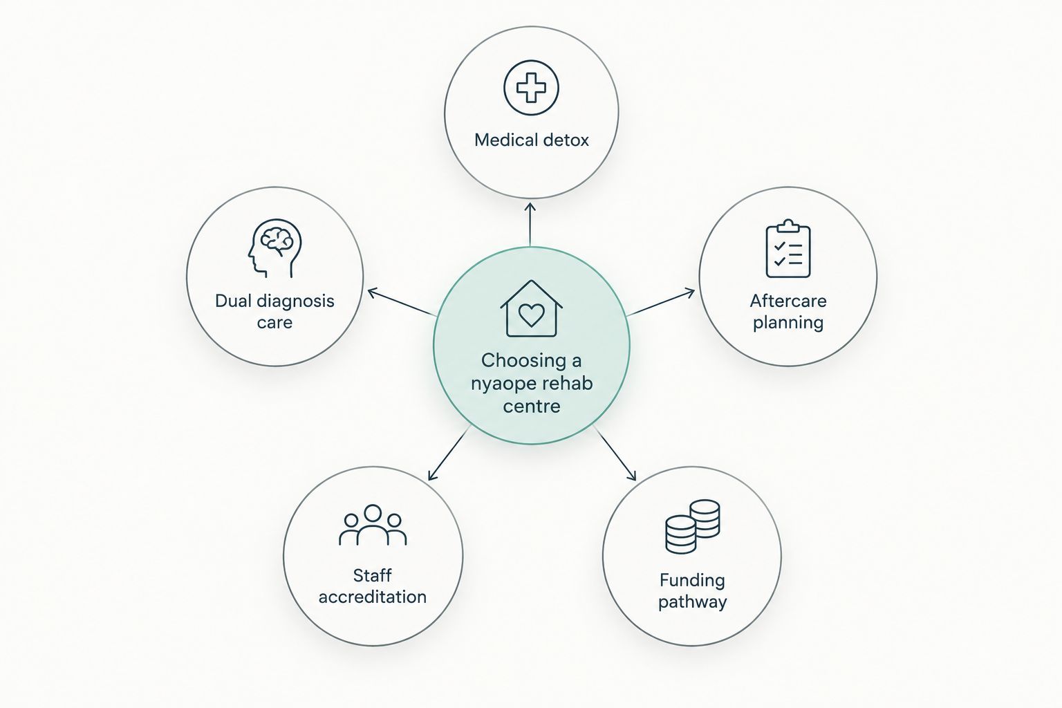 Diagram showing five criteria orbiting a central hub for choosing a nyaope rehab centre