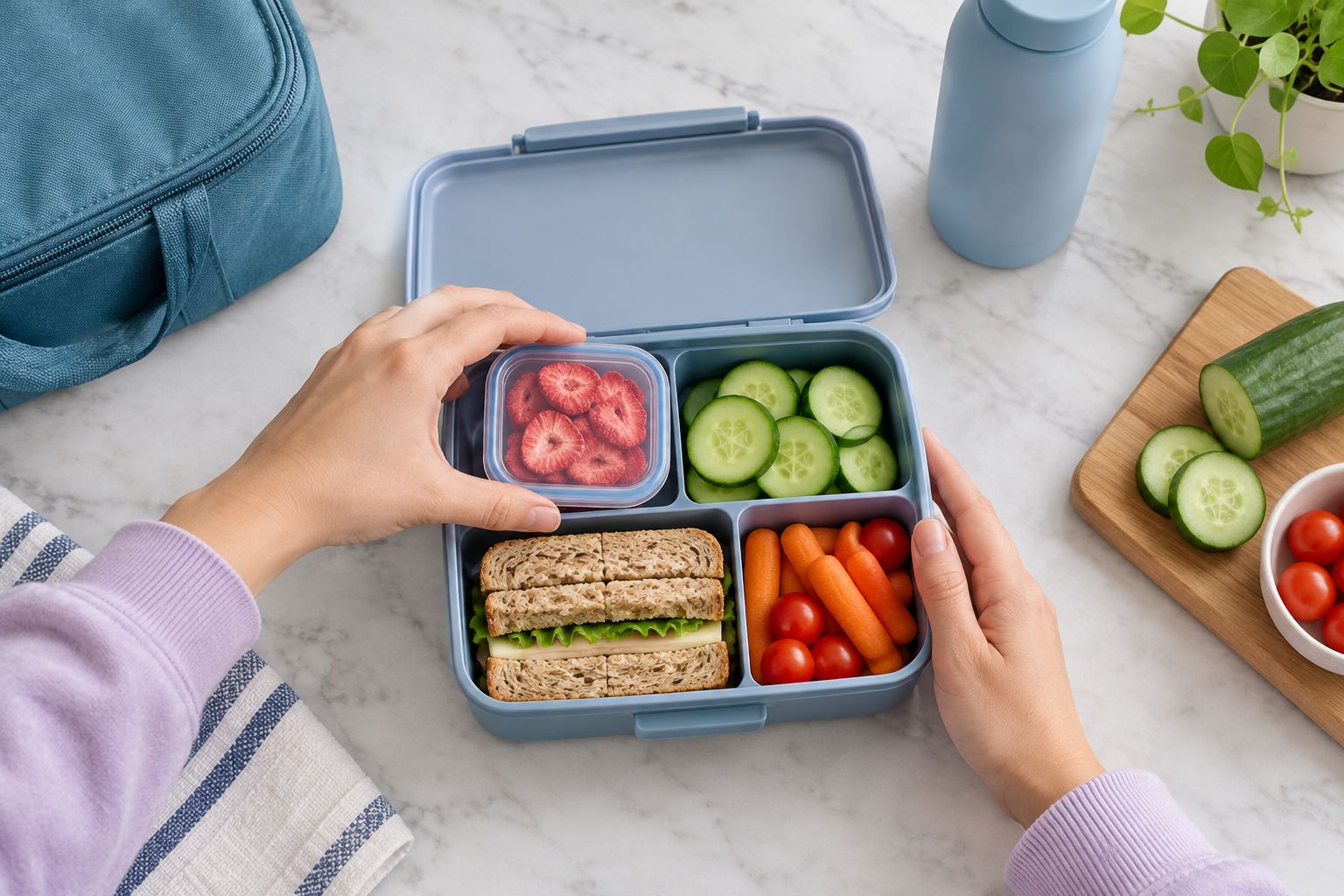 Freeze-dried strawberries packed in a separate dry container inside a school lunchbox.