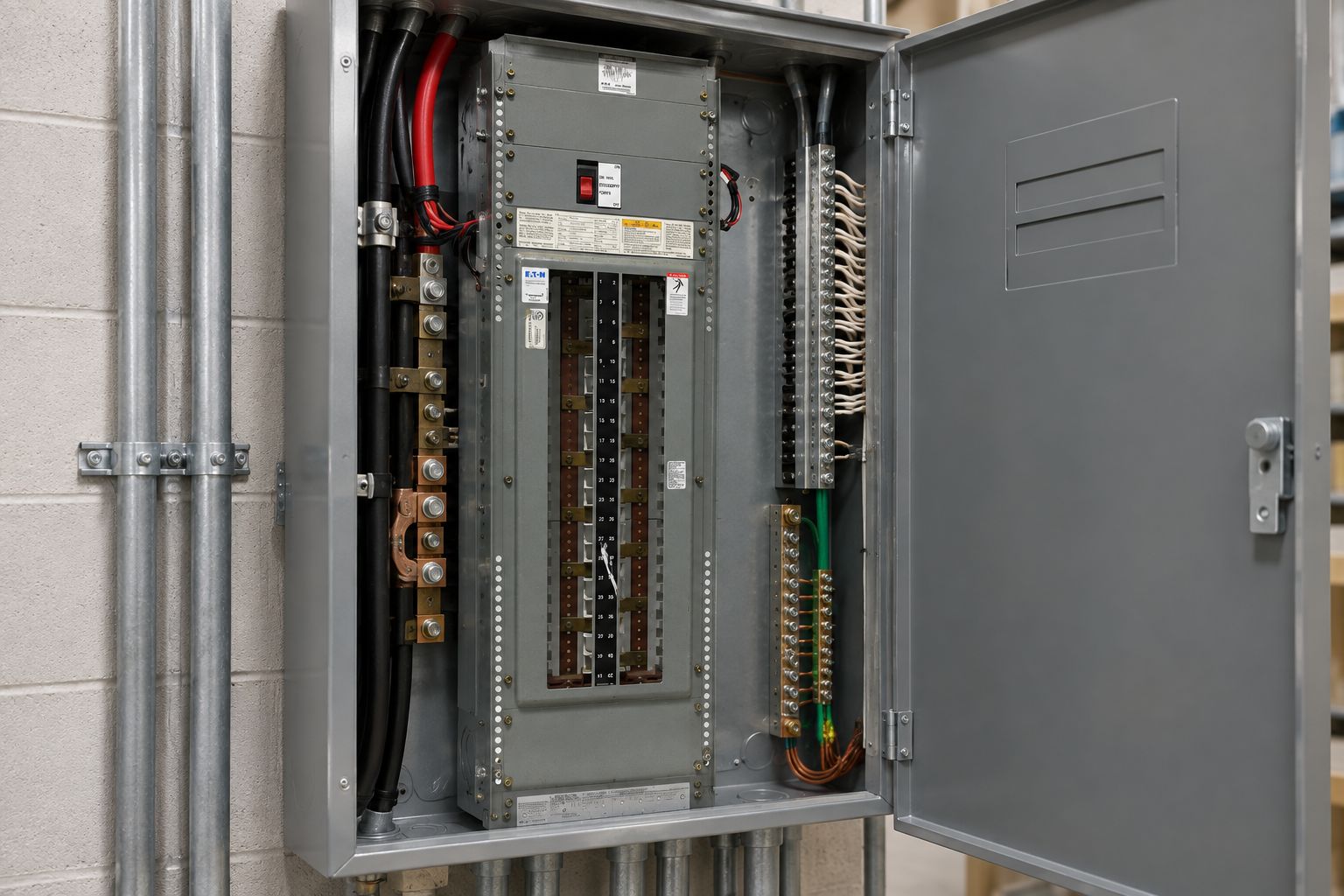 Eaton panelboard installed open in a utility room electrical closet