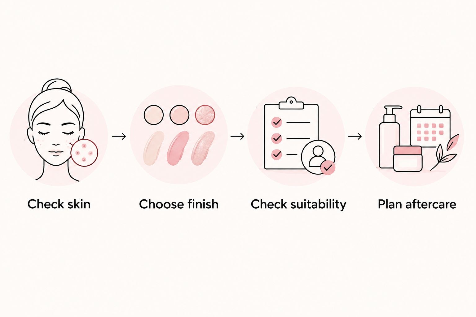 Decision steps for choosing hair removal based on skin condition, desired finish, suitability, and aftercare.
