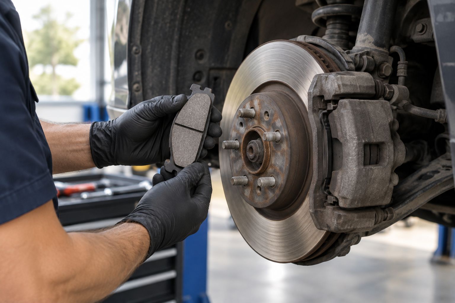 Brake pad and rotor visible during an inspection with the wheel removed