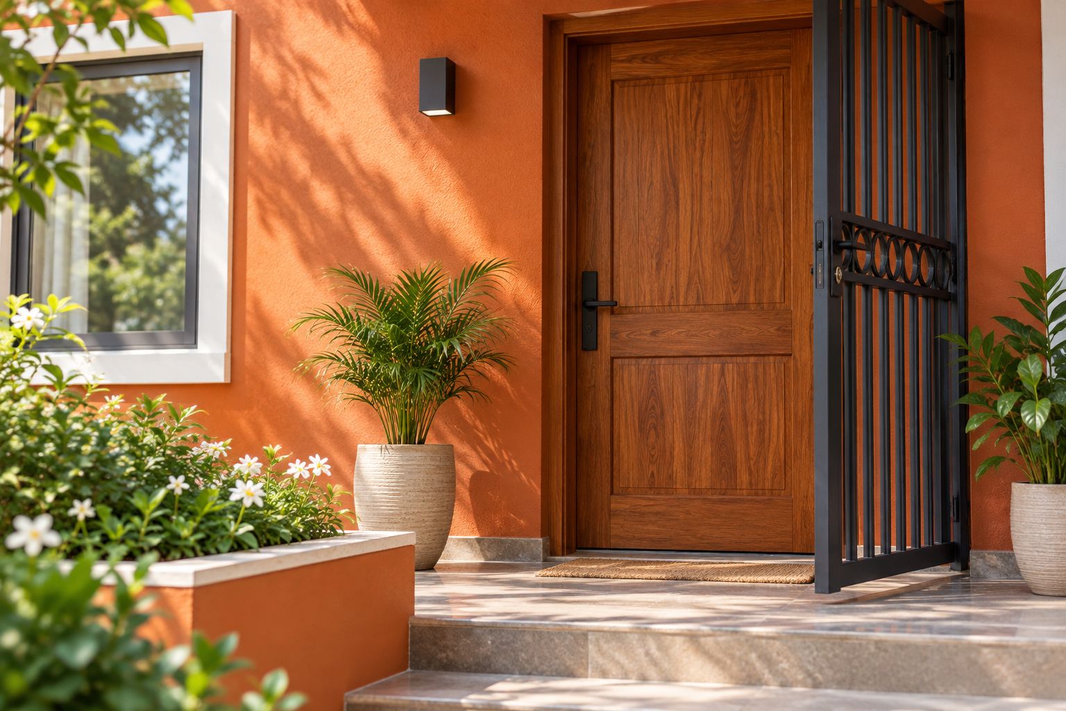 Indian home entrance showing a painted exterior wall, wooden door and dark metal gate