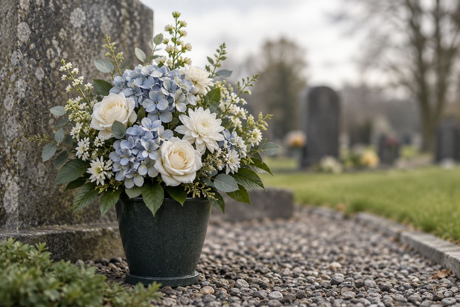 Silk grave pot arrangement placed at a graveside