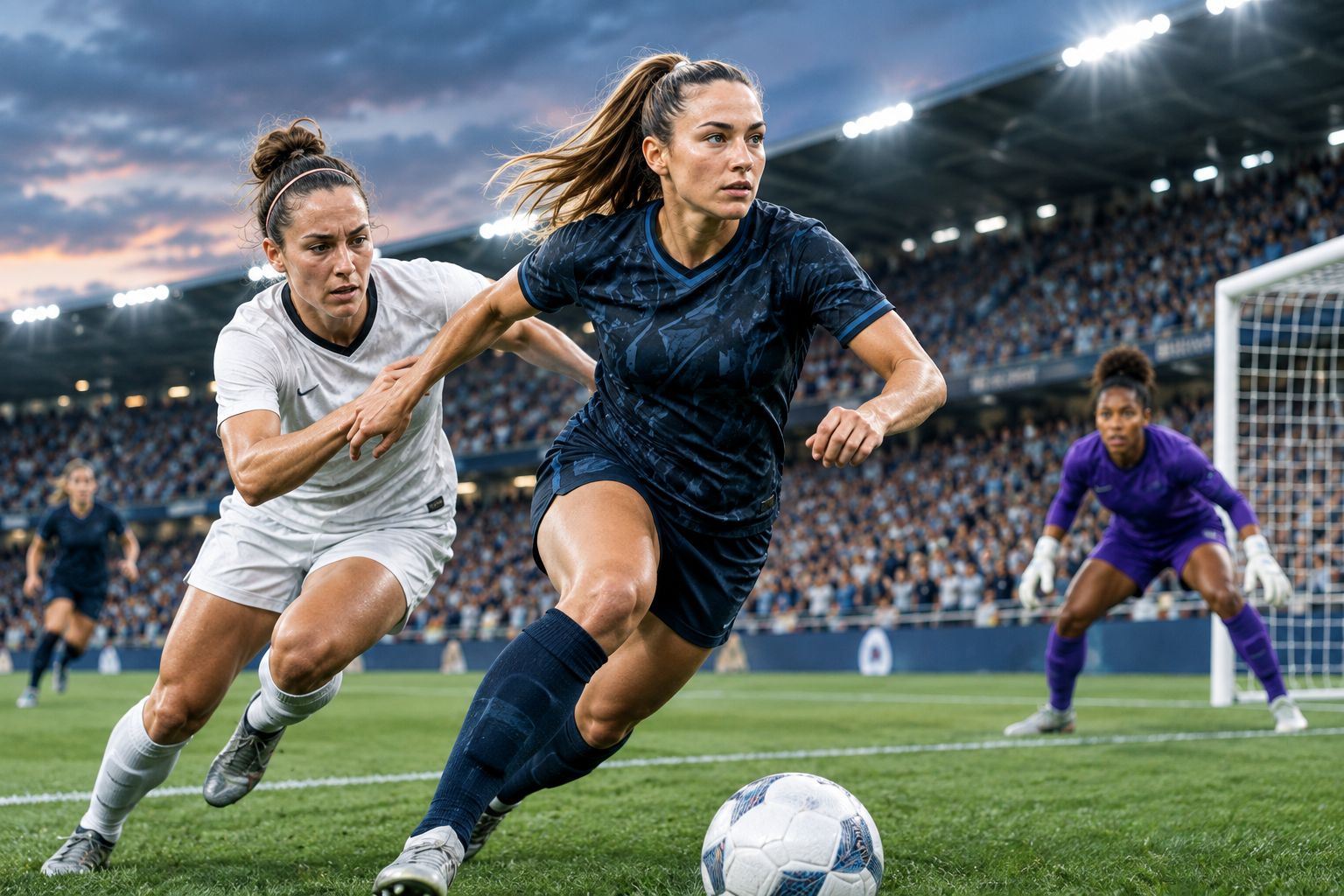 Forward driving at a defender inside a packed NWSL stadium at dusk
