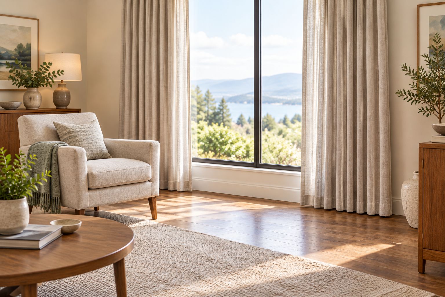 Living room drapes with clear floor space and an armchair outside the panel path