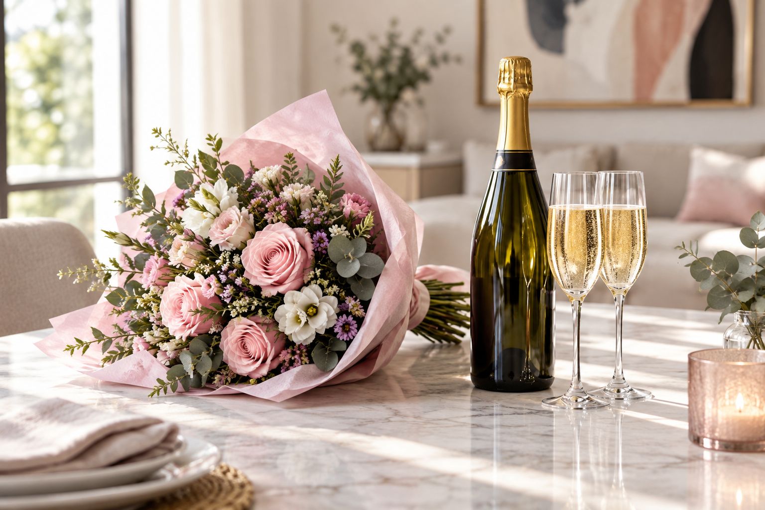 A bouquet and a separate sparkling wine bottle on a table before a celebration