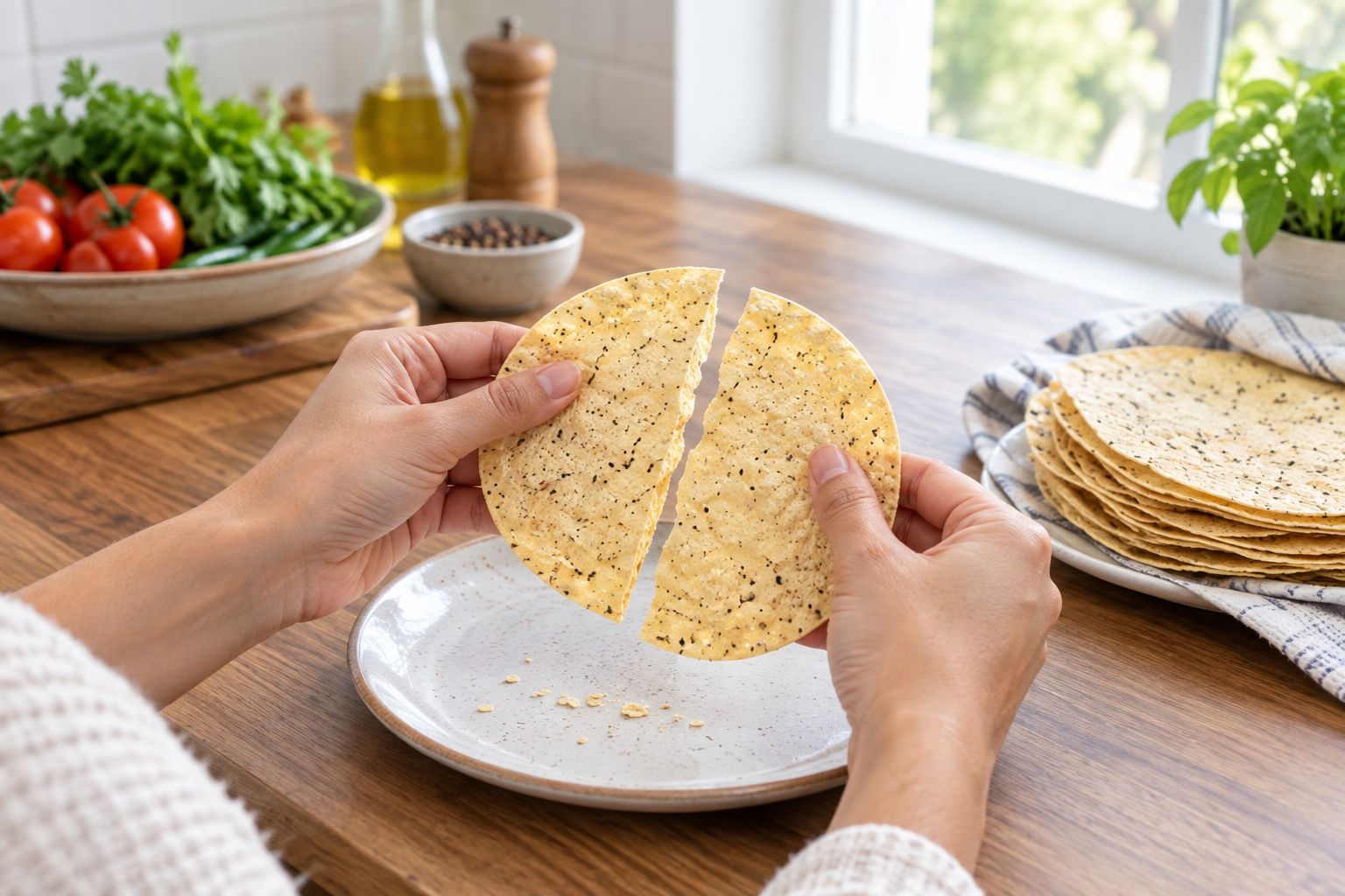 Hands snapping a papad to test if it breaks clean or bends