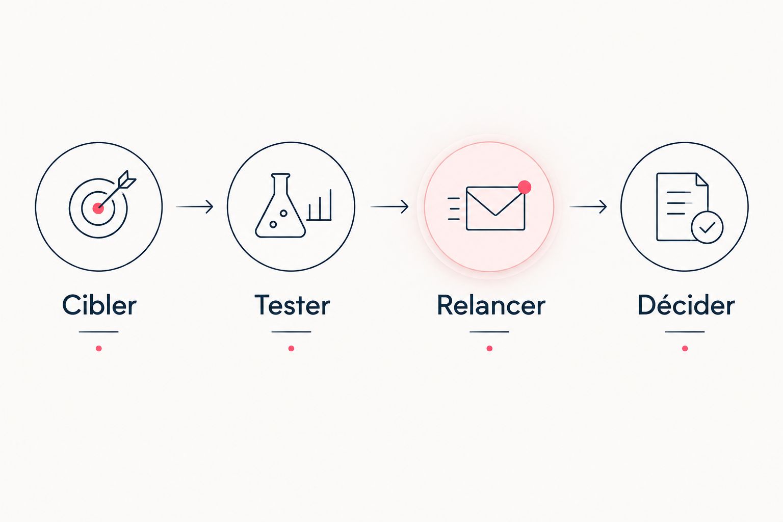 Quatre étapes pour évaluer un outil de prospection : cibler, tester, relancer et décider.
