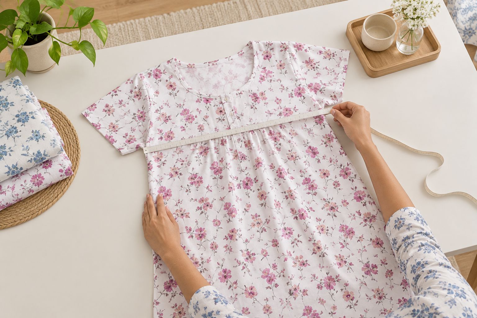 A cotton nightie laid flat for measuring across the chest without stretching the fabric