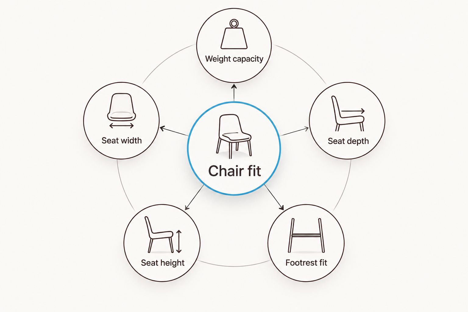 Chair-fit diagram separating capacity, seat width, seat depth, seat height, and footrest fit