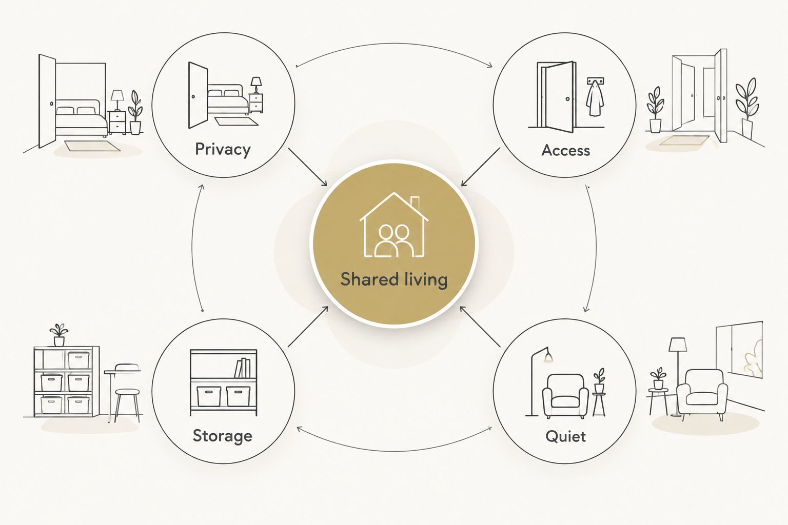 Shared living connected to privacy, access, storage, and quiet in a multigenerational home plan.