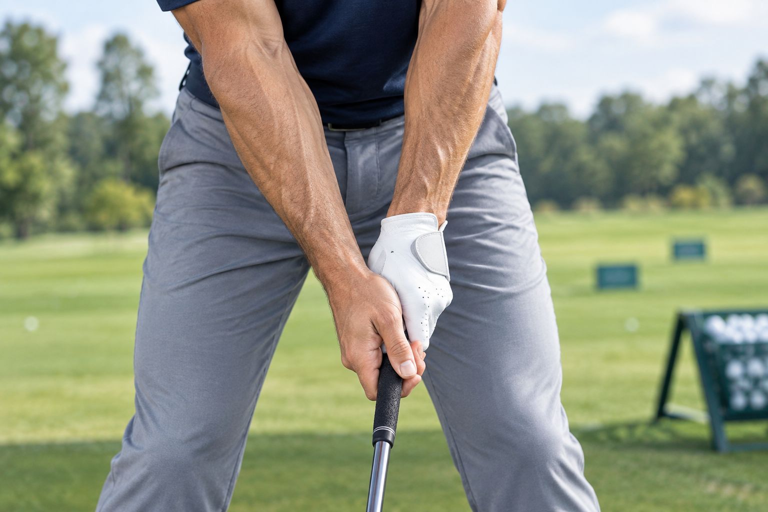 Close-up of a golfer's hands gripping a golf club at address