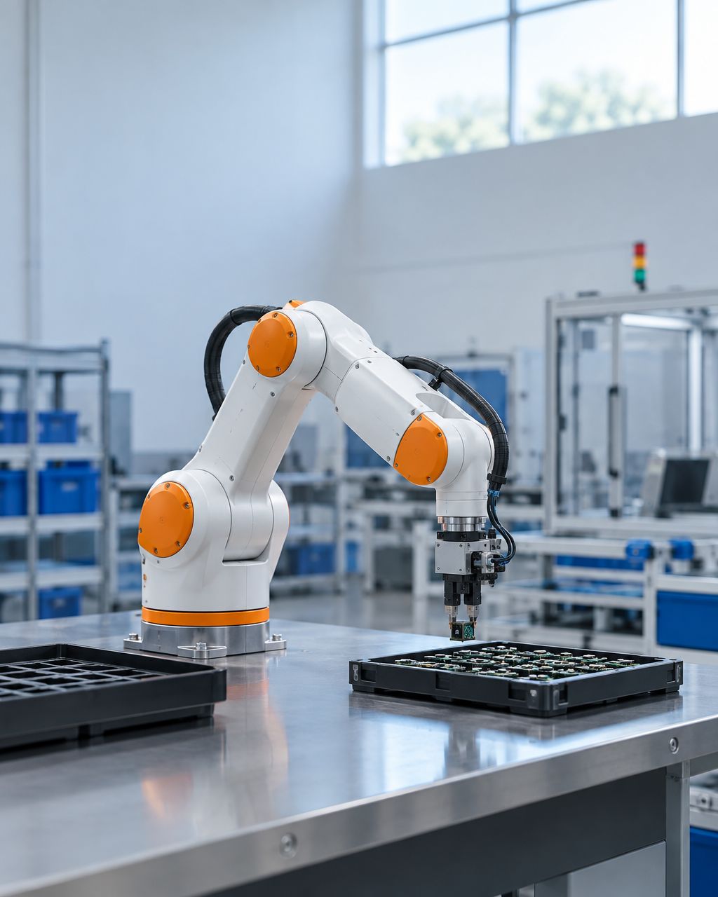 Compacte refurbished ABB-robot plaatst kleine elektronische onderdelen in een assemblagecel