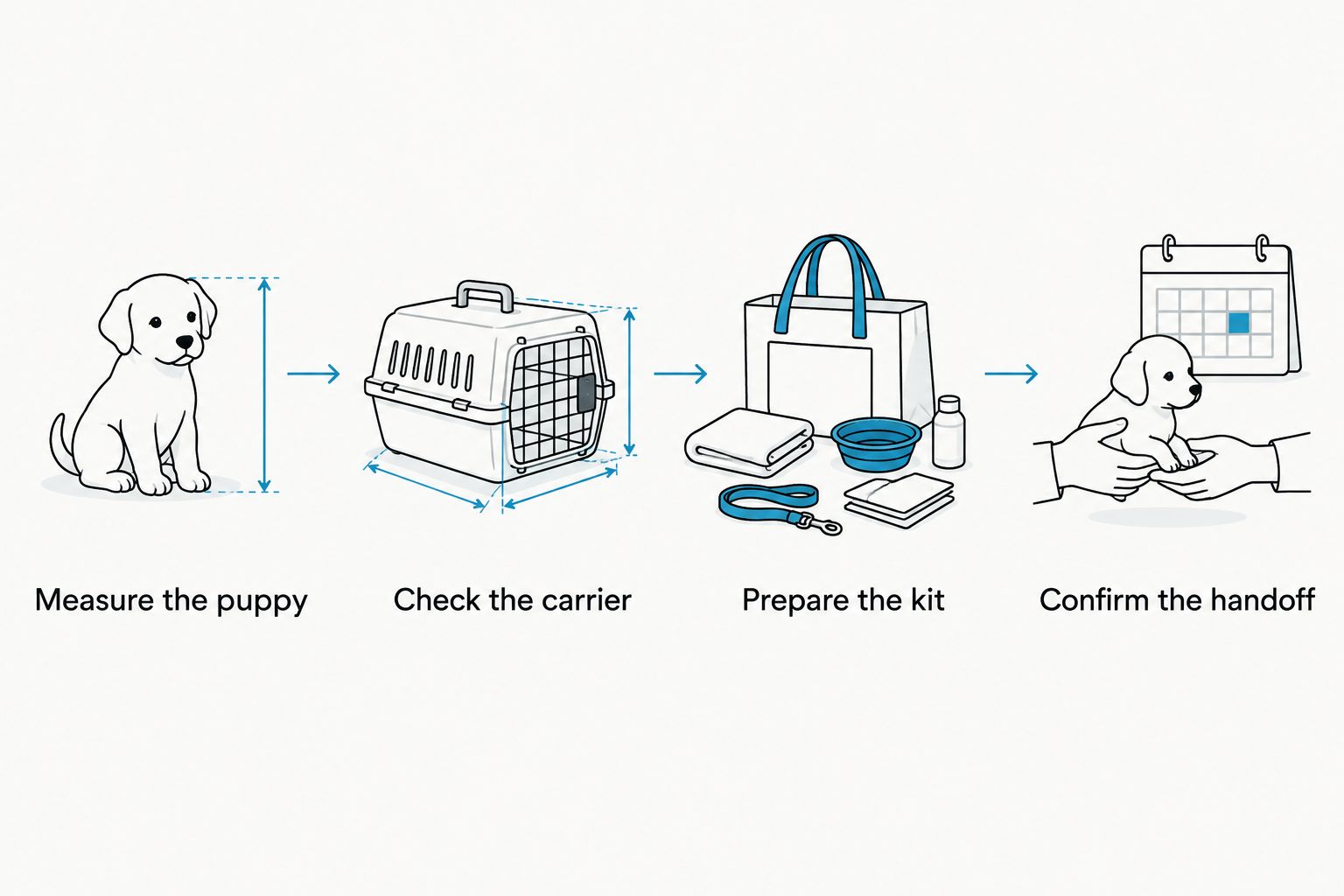 Preparation sequence covering puppy measurements, carrier checks, travel supplies, and handoff confirmation