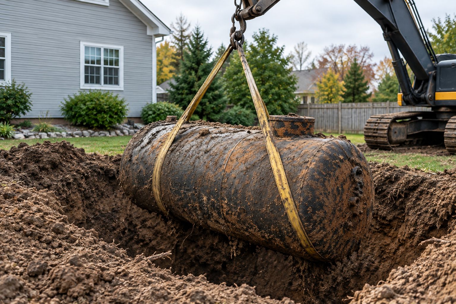 Excavated backyard pit with an old steel tank being lifted from the ground